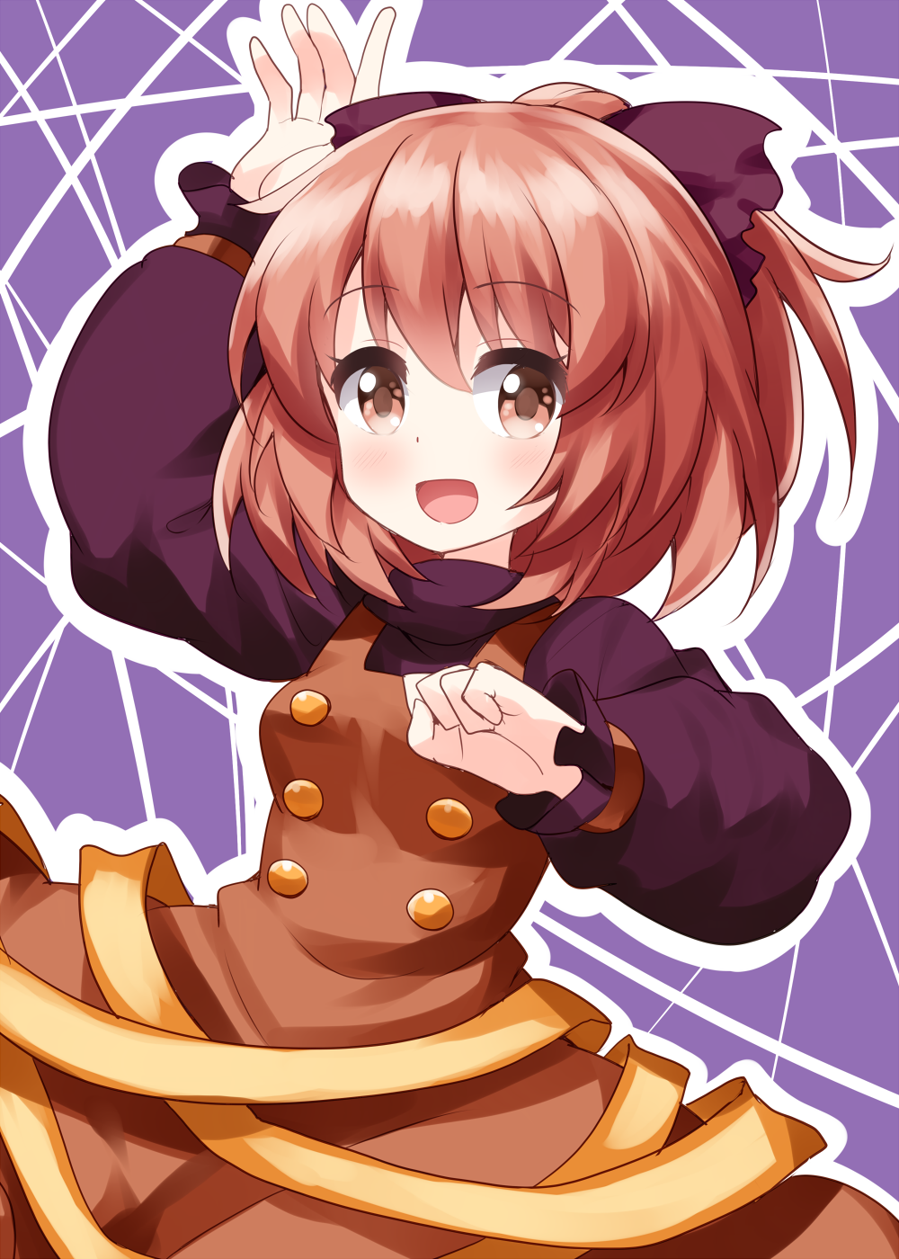 1girl :d arm_up bangs brown_dress brown_eyes brown_hair cowboy_shot dress eyebrows_visible_through_hair highres kurodani_yamame long_sleeves looking_at_viewer open_mouth outline ponytail puffy_sleeves purple_background ruu_(tksymkw) short_hair smile solo standing touhou white_outline