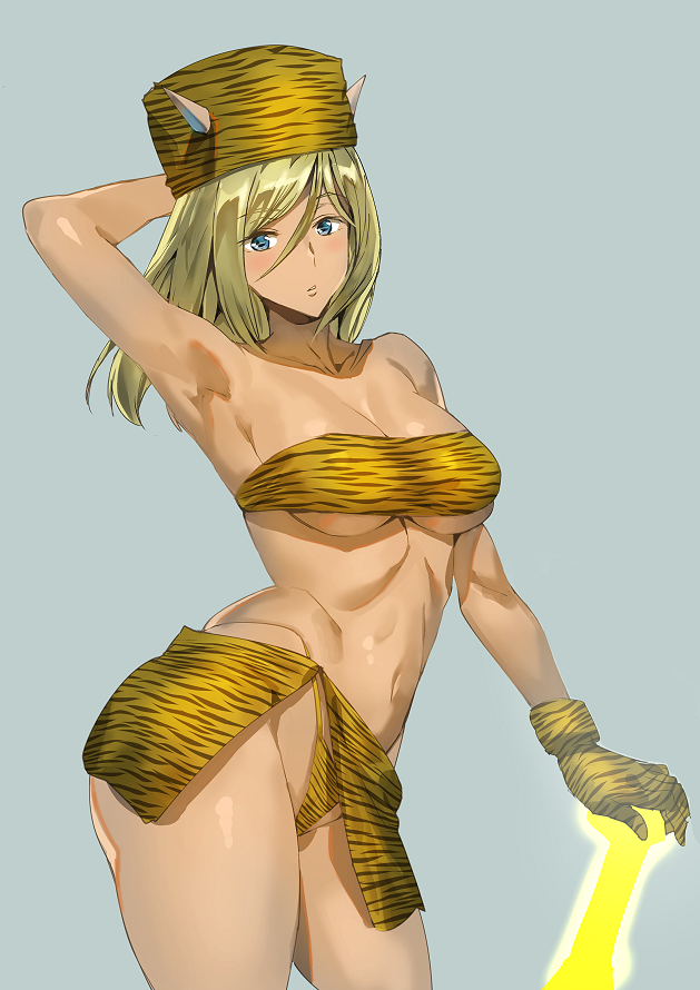 1girl animal_print arm_up ashiomi_masato aura bare_shoulders bikini blonde_hair blue_eyes breasts collarbone commentary_request cowboy_shot fingerless_gloves gloves guilty_gear guilty_gear_xrd horns long_hair looking_at_viewer millia_rage navel simple_background solo standing string_bikini swimsuit tiger_print yellow_bikini