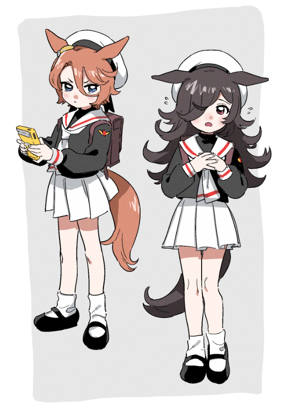 2girls animal_ears black_shirt blue_eyes border brown_hair full_body game_boy grey_background hair_between_eyes hair_over_one_eye hakinikui_kutsu_no_mise handheld_game_console hat holding horse_ears horse_girl horse_tail kneehighs long_hair mary_janes multiple_girls narita_taishin_(umamusume) pleated_skirt rice_shower_(umamusume) sailor_collar sailor_hat school_uniform serafuku shirt shoes short_hair skirt standing tail tomoeda_elementary_school_uniform two-tone_background umamusume violet_eyes white_border white_headwear white_legwear white_sailor_collar white_skirt