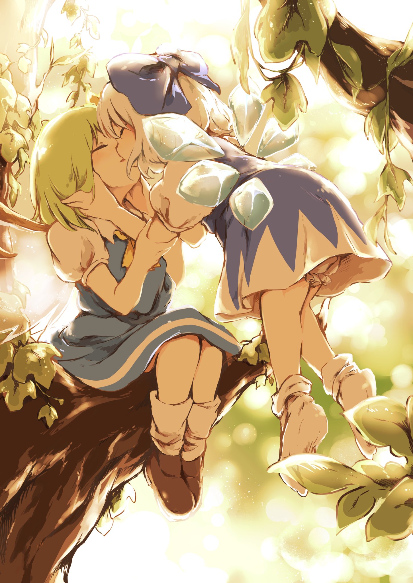 2girls acane_(cadd9_acane) ascot black_dress black_footwear bloomers bow cirno closed_eyes collared_dress commentary_request daiyousei dress green_hair hair_bow highres in_tree kiss leaf multiple_girls outdoors puffy_short_sleeves puffy_sleeves shoes short_sleeves sitting sitting_in_tree socks sparkle_background touhou tree underwear white_hair wing_collar wings yellow_neckwear yuri