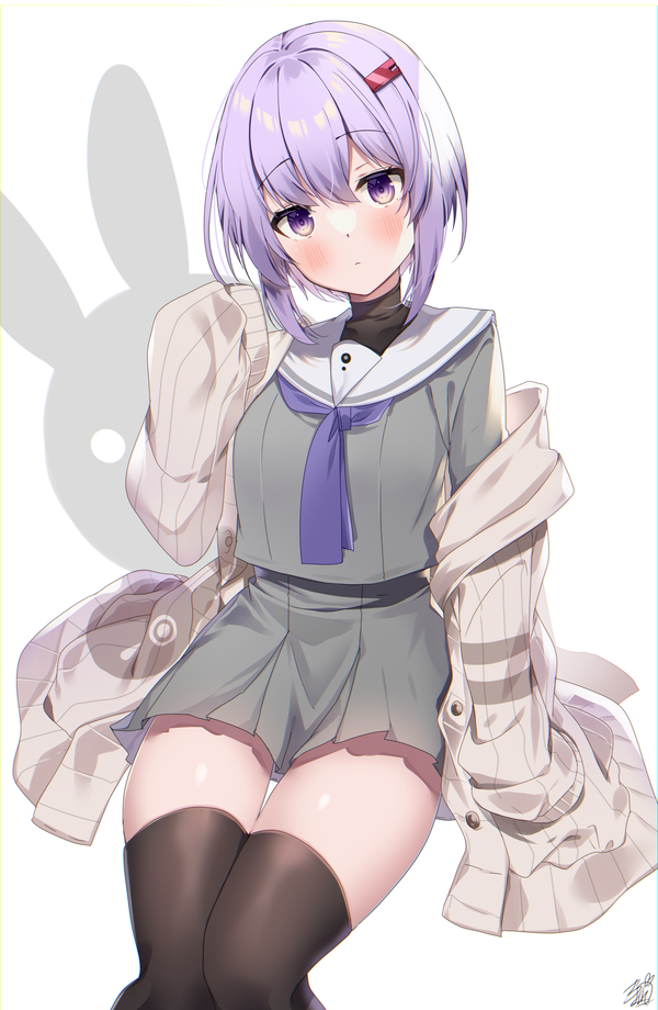 1girl bangs black_legwear blush cardigan closed_mouth commentary eyebrows_visible_through_hair feet_out_of_frame grey_shirt grey_skirt hair_between_eyes hair_ornament hairclip hand_up head_tilt long_sleeves looking_at_viewer neckerchief off_shoulder omuretsu open_cardigan open_clothes purple_hair purple_neckwear sailor_collar school_uniform serafuku shirt short_hair signature simple_background sitting skirt sleeves_past_fingers sleeves_past_wrists solo thigh-highs violet_eyes vocaloid voiceroid white_background white_cardigan white_sailor_collar yuzuki_yukari