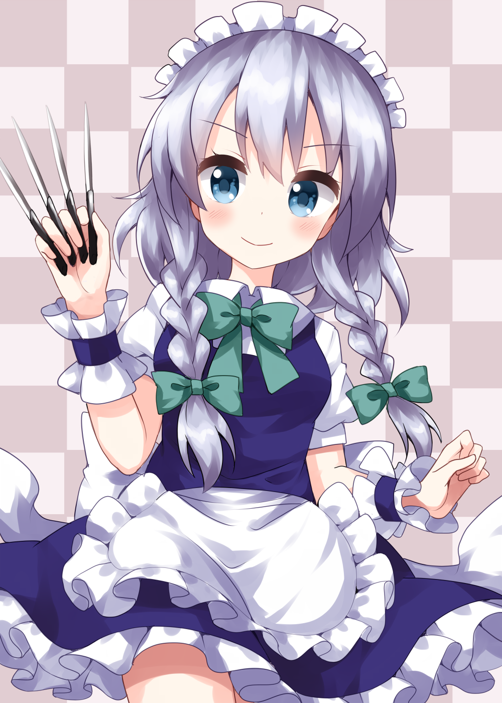 1girl apron bangs between_fingers blue_eyes bow bowtie braid checkered checkered_background closed_mouth cowboy_shot eyebrows_visible_through_hair green_bow green_neckwear grey_background grey_hair highres holding holding_knife izayoi_sakuya knife looking_at_viewer maid maid_headdress medium_hair ruu_(tksymkw) side_braids smile solo standing touhou twin_braids v-shaped_eyebrows waist_apron white_apron wrist_cuffs