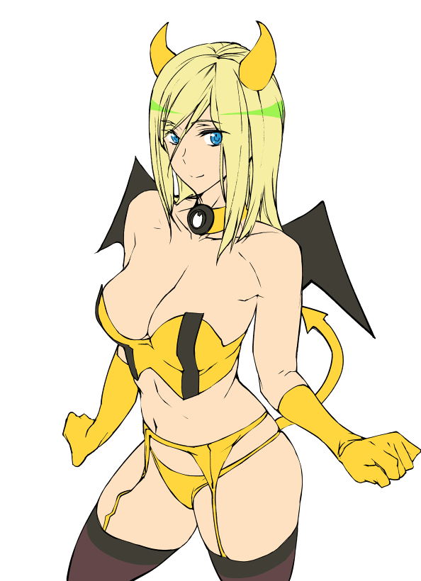 1girl ashiomi_masato black_legwear blonde_hair blue_eyes breasts closed_mouth demon_horns demon_tail fake_tail gloves guilty_gear guilty_gear_xrd horns long_hair looking_at_viewer millia_rage panties simple_background smile solo tail thigh-highs underwear white_background yellow_gloves