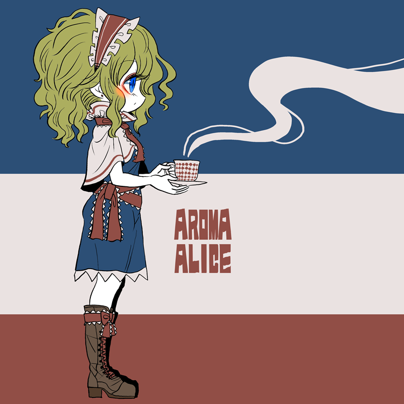 1girl alice_margatroid ascot blonde_hair blue_dress blue_eyes boots bow brown_footwear capelet commentary_request cup dress earrings footwear_bow french_flag frilled_ascot frilled_dress frills from_side hairband headband holding jewelry lolita_hairband red_bow red_hairband red_neckwear short_hair solo standing steam teacup touhou yt_(wai-tei)