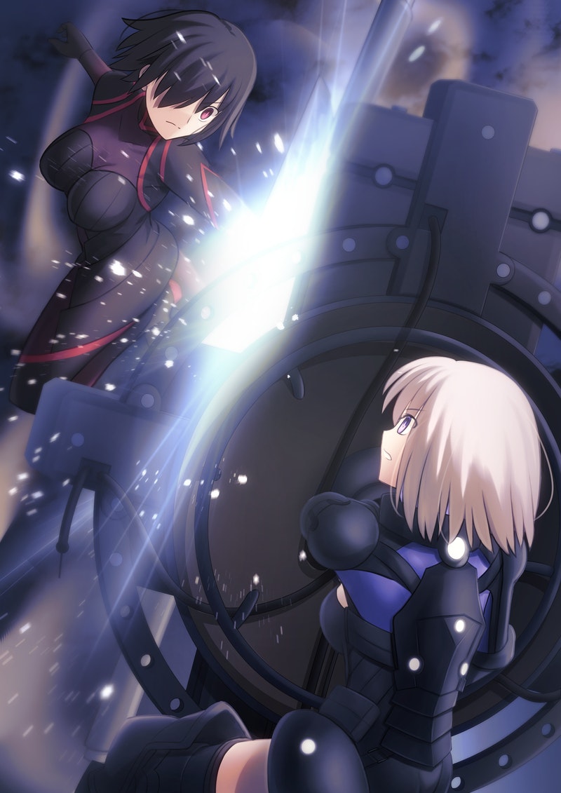 2girls armor armored_leotard black_armor black_hair black_leotard bodysuit breasts commentary_request fate/grand_order fate_(series) fighting hair_over_one_eye holding holding_shield large_breasts leotard light_purple_hair mash_kyrielight migiha multicolored_leotard multiple_girls ortenaus red_eyes shield tachie_(fate) violet_eyes