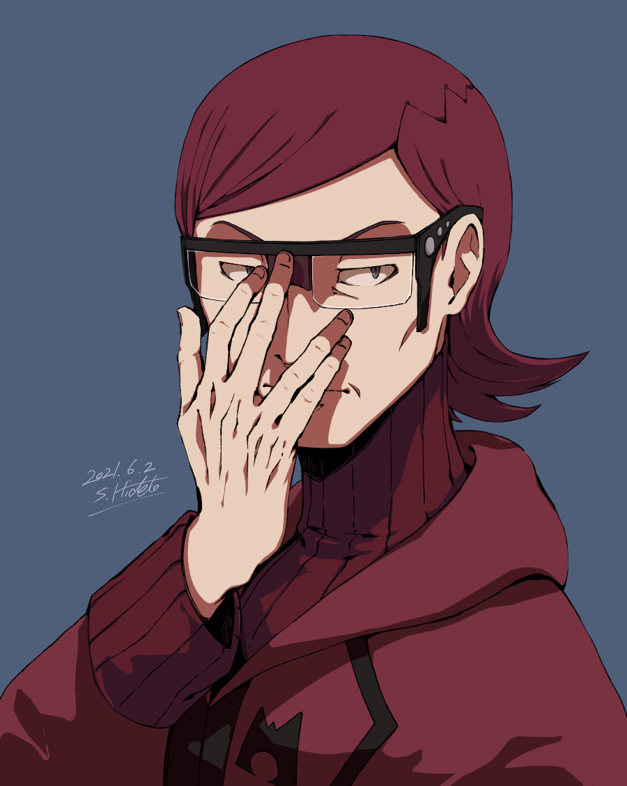 1boy adjusting_eyewear black-framed_eyewear black_eyes black_shirt bodysuit closed_mouth commentary_request dated glasses grey_background hand_up long_sleeves male_focus maxie_(pokemon) number pokemon pokemon_(game) pokemon_oras red_bodysuit redhead ribbed_bodysuit shigeno_shuo shirt short_hair signature simple_background solo team_magma upper_body