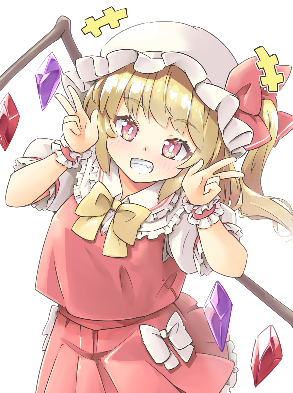 +++ 1girl arnest bangs blonde_hair bow bowtie bright_pupils crystal double_v flandre_scarlet grin hands_up hat hat_bow highres long_hair mob_cap one_side_up puffy_short_sleeves puffy_sleeves red_bow red_eyes red_skirt red_vest shirt short_sleeves simple_background skirt smile solo touhou upper_body v vest white_background white_bow white_headwear white_shirt wings wrist_cuffs yellow_neckwear