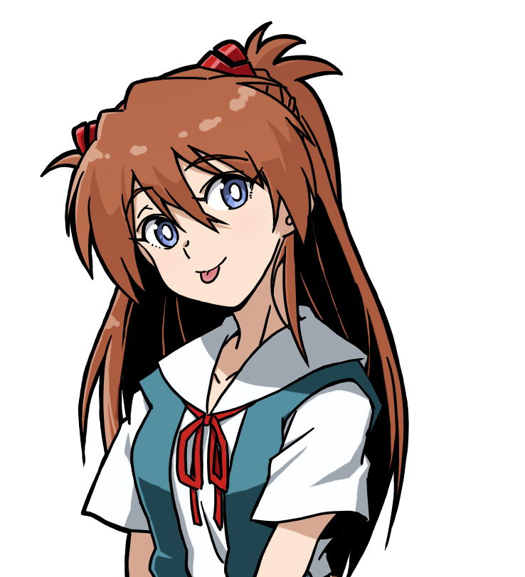 1girl blue_eyes brown_hair commentary eyebrows_visible_through_hair long_hair looking_at_viewer neon_genesis_evangelion red_ribbon ribbon sasihmi school_uniform simple_background souryuu_asuka_langley tagme tongue tongue_out white_background