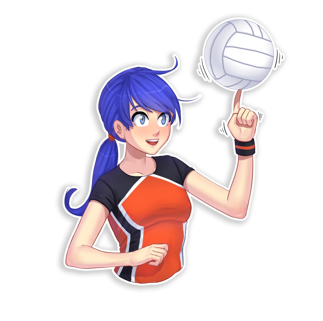 1girl ball bangs blue_eyes blue_hair breasts collarbone cropped_torso everlasting_summer long_hair looking_away narwhal_iv ponytail red_shirt samantha_reed_smith shirt short_sleeves simple_background smile solo t-shirt two-tone_shirt upper_body upper_teeth volleyball white_background wristband