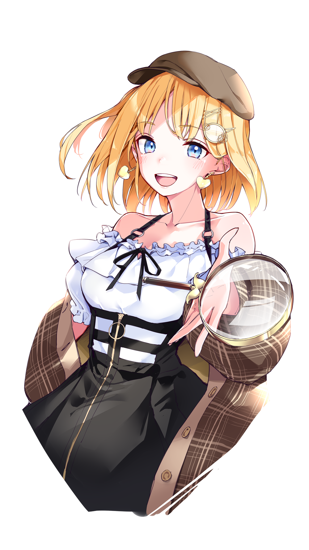 bare_shoulders black_skirt blonde_hair blouse blue_eyes breasts brown_coat brown_headwear cabbie_hat coat earrings frilled_blouse hair_ornament hat heart heart_earrings high-waist_skirt highres holding_magnifying_glass hololive hololive_english jewelry large_breasts monocle_hair_ornament off-shoulder_shirt off_shoulder okita_souji_(isshin) one_side_up plaid_coat shirt short_hair simple_background skirt suspender_skirt suspenders underbust virtual_youtuber watson_amelia white_background white_blouse yuyaiyaui zipper_skirt