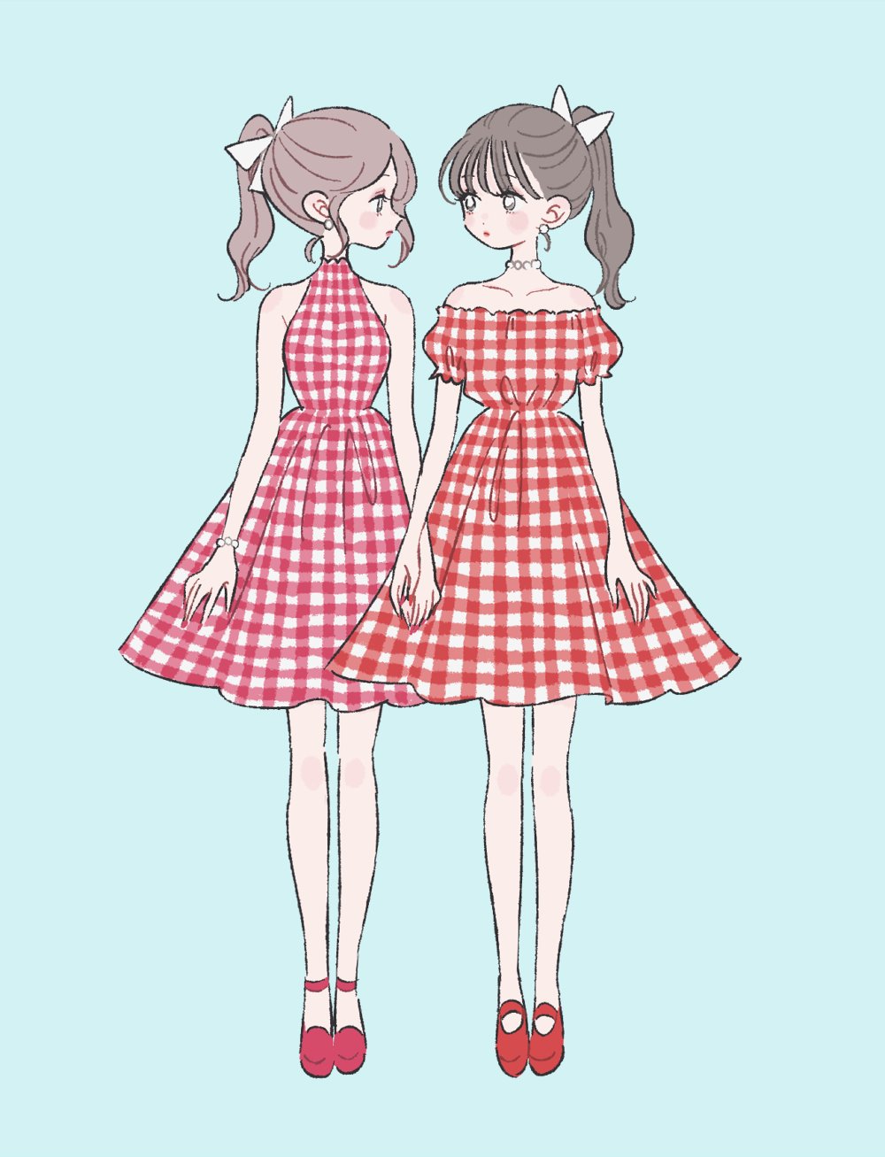 2girls blue_background bow brown_hair color_coordination dress earrings frills gingham gingham_dress hair_bow hairstyle_coordination highres jewelry light_blue_background look-alike mary_janes matching_hairstyle matching_outfit multiple_girls necklace original outfit_connection outfit_coordination pearl_necklace plaid plaid_dress ponytail puffy_short_sleeves puffy_sleeves red_dress red_footwear rikuwo shoes short_sleeves siblings sleeveless sleeveless_dress twins white_bow