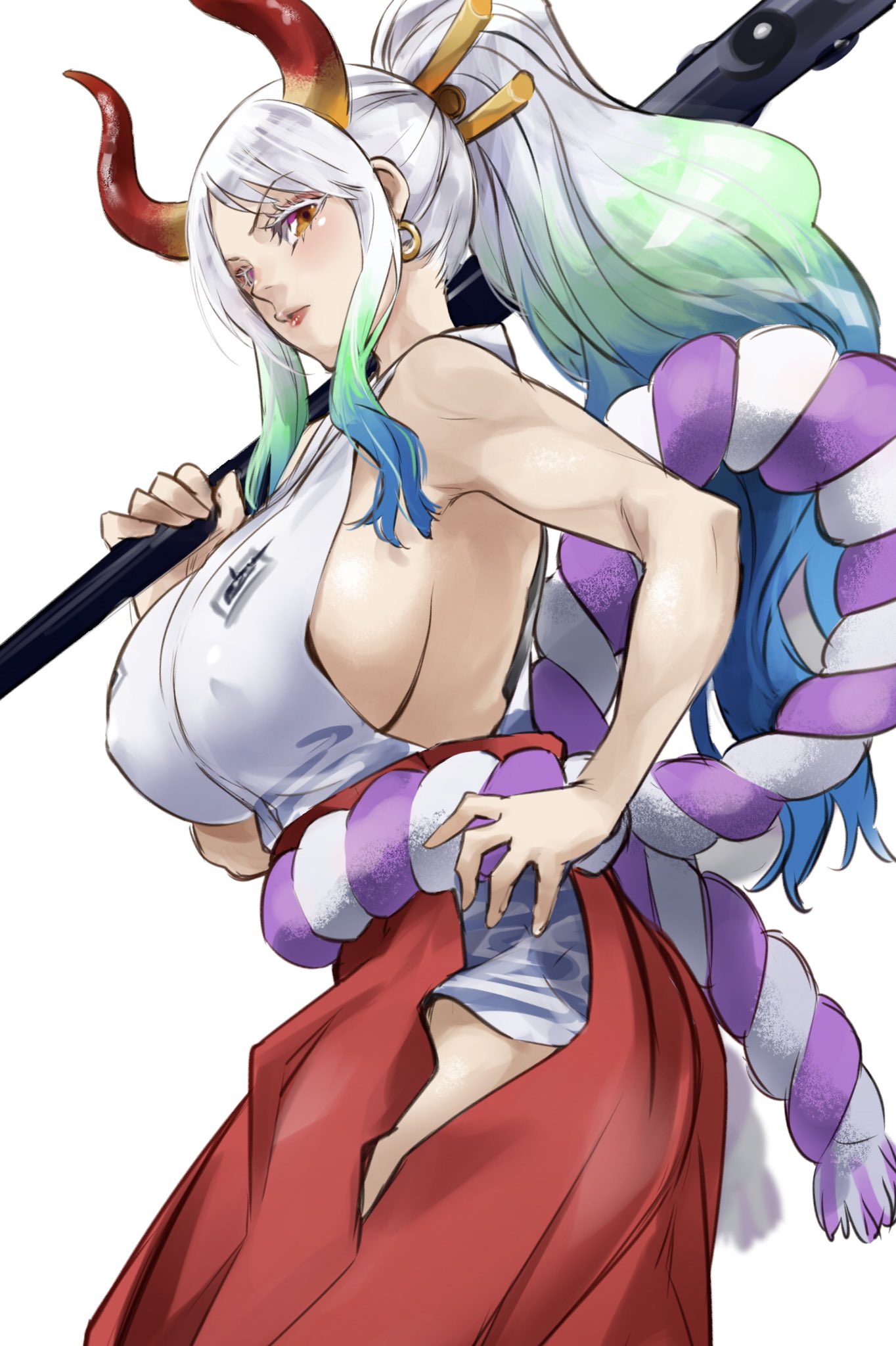 1girl bangs blue_hair breasts commentary_request curled_horns earrings eyelashes gradient_hair green_hair hair_ornament hair_stick highres holding holding_weapon horns japanese_clothes jewelry kimono large_breasts long_hair looking_at_viewer multicolored_hair one_piece orange_eyes ponytail serious sideboob silver_hair simple_background sketch solo standing sukeno_yoshiaki weapon white_background white_hair yamato_(one_piece)