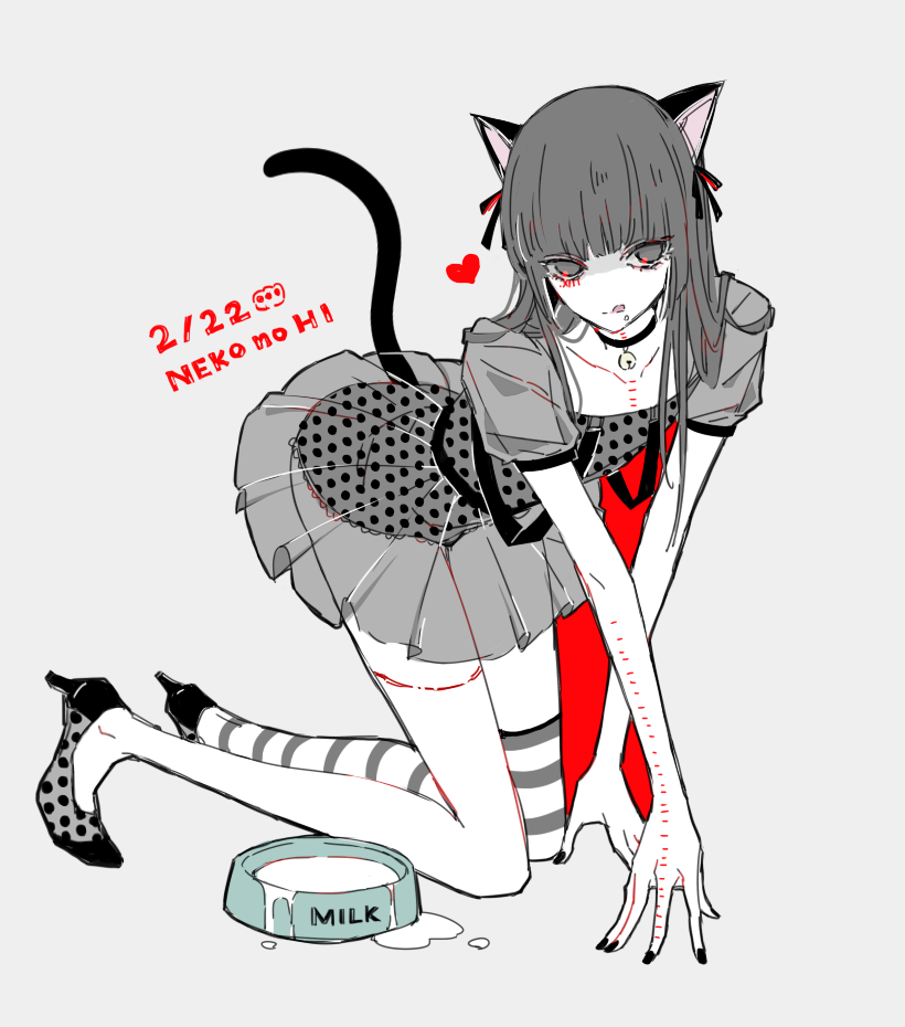 1boy :q all_fours animal_ears awara_kayu bangs bell black_choker black_nails blunt_bangs bowl cat_ears cat_girl cat_tail choker commentary_request crossdressinging dated dress grey_background hair_ornament heart high_heels long_hair looking_at_viewer milk neck_bell pet_bowl polka_dot polka_dot_dress puffy_short_sleeves puffy_sleeves red_background see-through shoes short_sleeves simple_background single_thighhigh smile solo stitches striped striped_legwear suzuya_juuzou tail thigh-highs tokyo_ghoul tokyo_ghoul:re tongue tongue_out