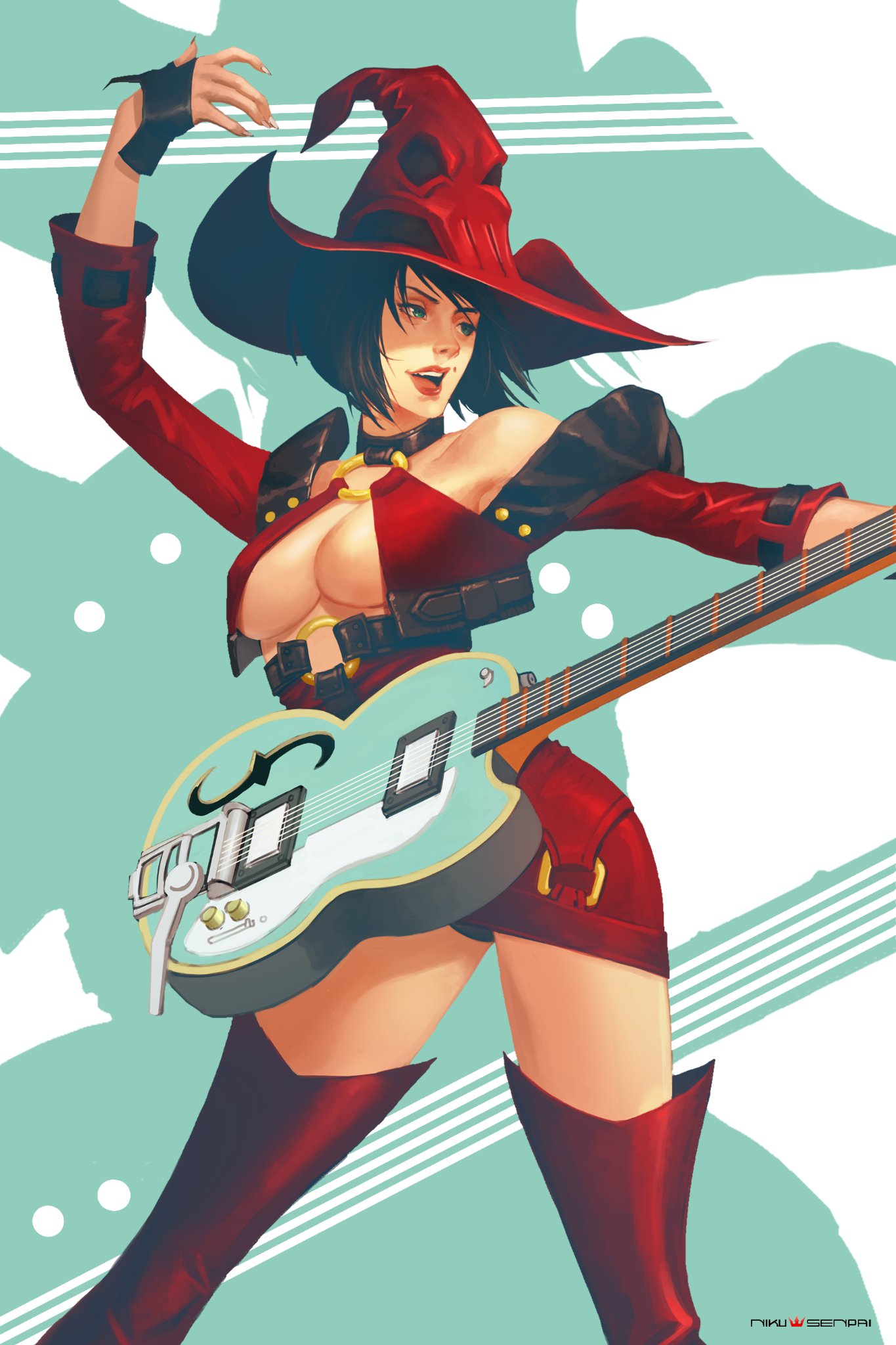 1girl bangs dress electric_guitar green_eyes guilty_gear guilty_gear_xrd guitar hat highres i-no instrument looking_at_viewer mole mole_above_mouth nikusenpai o-ring o-ring_top red_headwear short_dress thigh-highs witch_hat