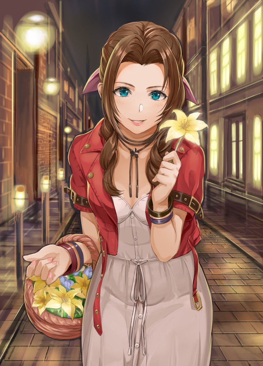 1girl aerith_gainsborough basket bell_(szkdddd) blue_eyes blush bow brown_hair building city cropped_jacket dress final_fantasy fingernails flower hair_bow hair_intakes hair_over_shoulder hand_up highres holding holding_basket holding_flower jacket lanyard lily_(flower) lips long_hair looking_at_viewer night open_clothes open_jacket outdoors parted_hair parted_lips pink_nails red_jacket road sett short_sleeves smile solo standing street white_dress wristband