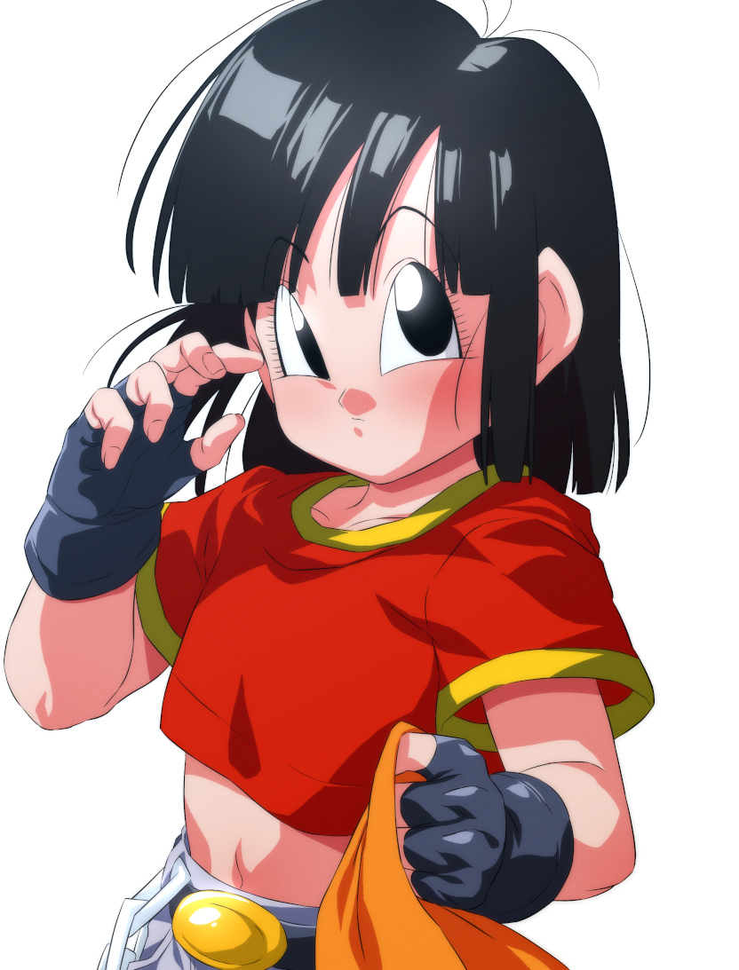 1girl bandana bandana_removed belt black_eyes black_gloves black_hair closed_mouth dragon_ball dragon_ball_gt fingerless_gloves gloves medium_hair midriff navel pan_(dragon_ball) pants red_shirt rom_(20) shirt simple_background solo t-shirt upper_body white_background