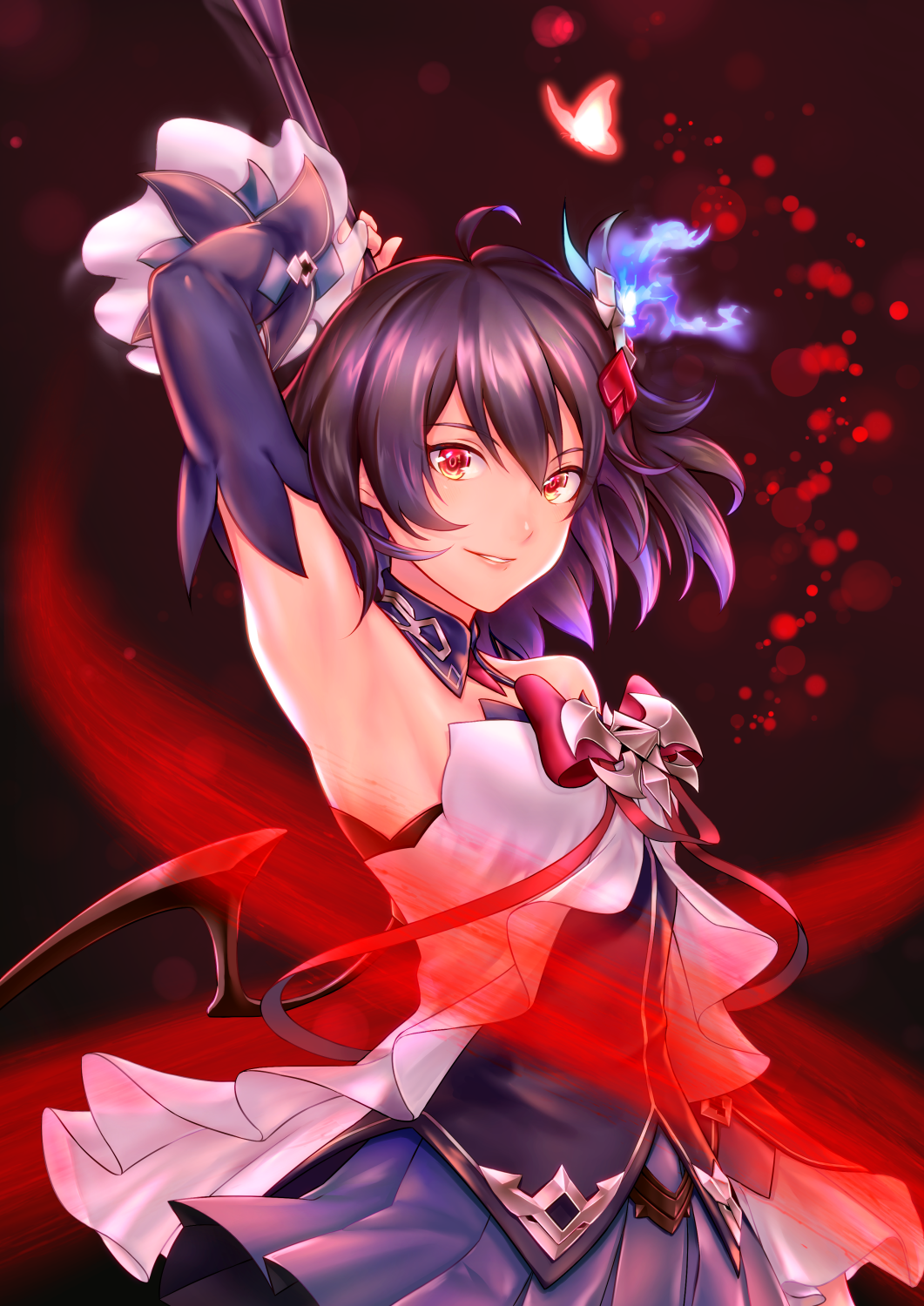 1girl antenna_hair armpits bangs bare_shoulders black_background blue_butterfly bug butterfly dress grin hair_between_eyes hair_ornament highres holding holding_weapon honkai_(series) honkai_impact_3rd insect looking_at_viewer purple_hair purple_sleeves red_butterfly red_eyes scythe seele_(alter_ego) seele_vollerei seele_vollerei_(swallowtail_phantasm) shinachiku_(uno0101) short_hair sleeveless sleeveless_dress smile solo teeth weapon