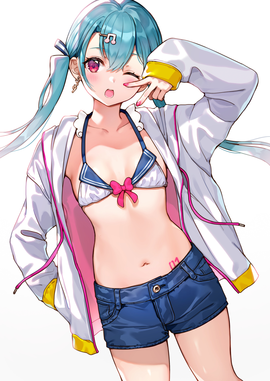 1girl ;d alternate_eye_color aqua_hair arm_up bikini bikini_top blue_shorts blush breasts collarbone cowboy_shot denim denim_shorts drawstring earrings grey_jacket hair_ornament hairclip hand_in_pocket hatsune_miku highres jacket jewelry long_hair looking_at_viewer musical_note_hair_ornament nail_polish navel nishizawa number_tattoo one_eye_closed open_clothes open_jacket open_mouth pink_eyes pink_nails short_shorts shorts sleeves_past_wrists small_breasts smile solo stomach stomach_tattoo swimsuit tattoo twintails v vocaloid white_bikini