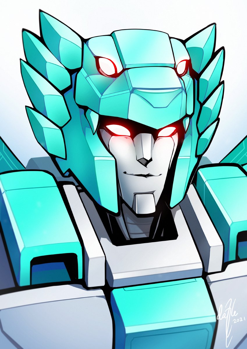 1girl 2021 dazzle_(dazzledictator) decepticon english_commentary extra_eyes glowing glowing_eyes highres lyzack mecha no_humans portrait red_eyes science_fiction signature solo transformers transformers_victory