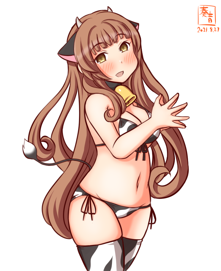 1girl alternate_costume animal_ears animal_print artist_logo bangs bell bikini blunt_bangs brown_hair commentary_request cow_ears cow_horns cow_print cow_tail cowbell cowboy_shot dated fake_animal_ears fake_horns front-tie_top green_eyes hands_together helena_(kancolle) horns kanon_(kurogane_knights) kantai_collection long_hair looking_at_viewer one-hour_drawing_challenge side-tie_bikini simple_background solo standing swimsuit tail thigh-highs white_background white_bikini white_legwear
