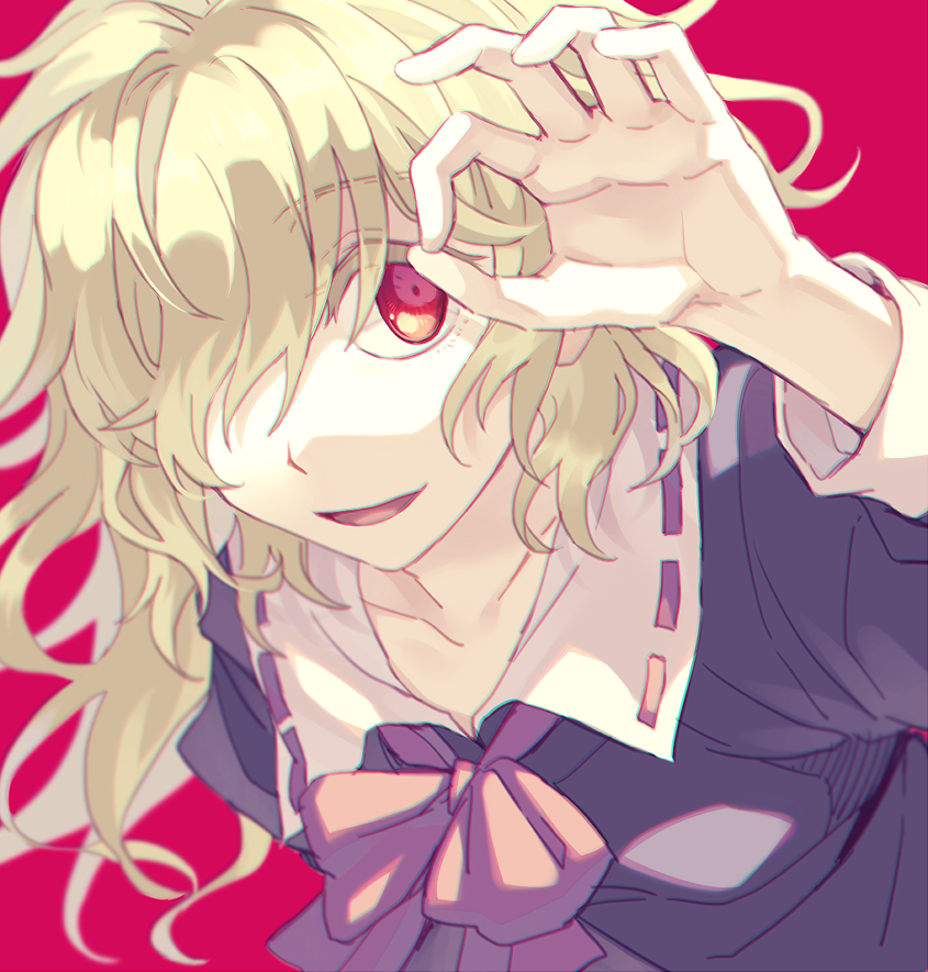 1girl blonde_hair bow collar dress long_hair maribel_hearn ok_sign open_mouth purple_bow purple_dress purple_neckwear re_ghotion red_background red_eyes solo solo_focus source_request touhou white_collar