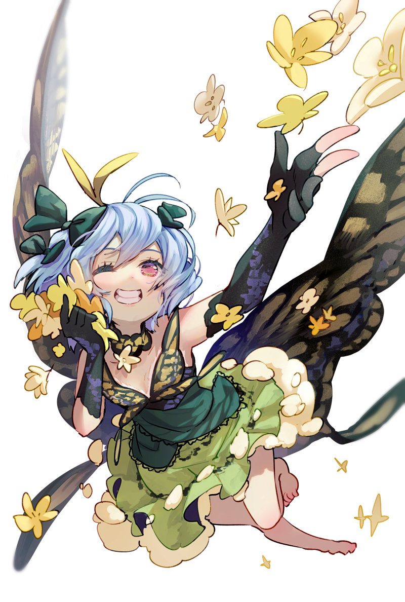 1girl ahoge antennae bangs barefoot black_gloves blue_hair blush bow breasts butterfly_wings choker dress elbow_gloves eternity_larva flower frilled_dress frills gloves green_bow grin hair_between_eyes hair_bow looking_to_the_side one_eye_closed red_eyes short_hair simple_background small_breasts smile solo syuri22 teeth touhou white_background wings