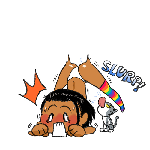 1girl arung_samudra_(cessa) black_hair blush cat cessa dark-skinned_female dark_skin hands_on_ground jack-o'_challenge licking lowres meme multicolored multicolored_clothes multicolored_legwear ombok_diving_and_delivery_services open_mouth panties rainbow_order simple_background solo spread_legs stretch striped striped_legwear thigh-highs tongue tongue_out top-down_bottom-up underwear white_background white_panties wide_spread_legs