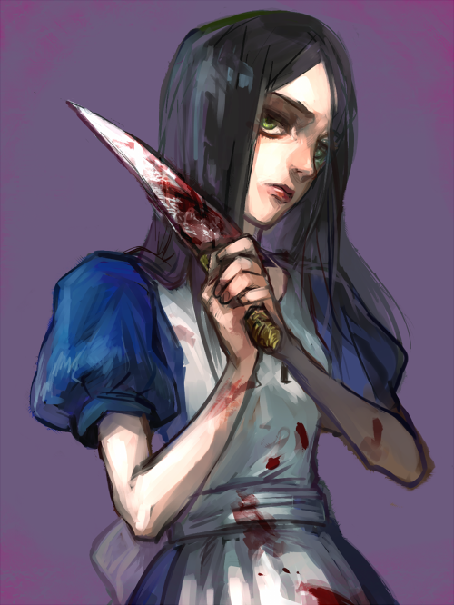 1girl alice:_madness_returns alice_(alice_in_wonderland) american_mcgee's_alice apron black_hair blood breasts closed_mouth domodesu dress green_eyes jewelry jupiter_symbol knife lipstick long_hair makeup necklace simple_background solo weapon