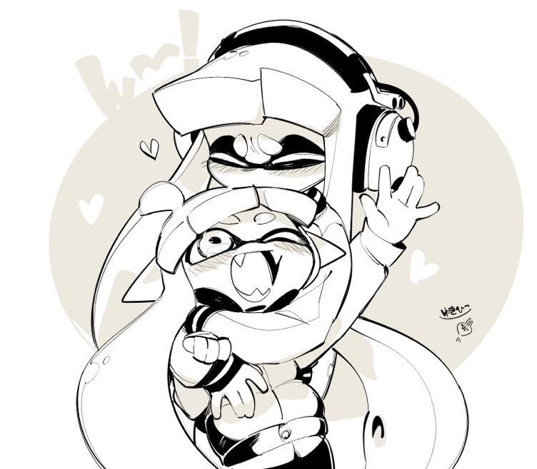 2girls closed_eyes fangs greyscale hand_up headphones heart hug hug_from_behind inkling kiss long_hair mojaranmo monochrome multiple_girls one_eye_closed open open_mouth pointy_ears simple_background splatoon_(series) white_background