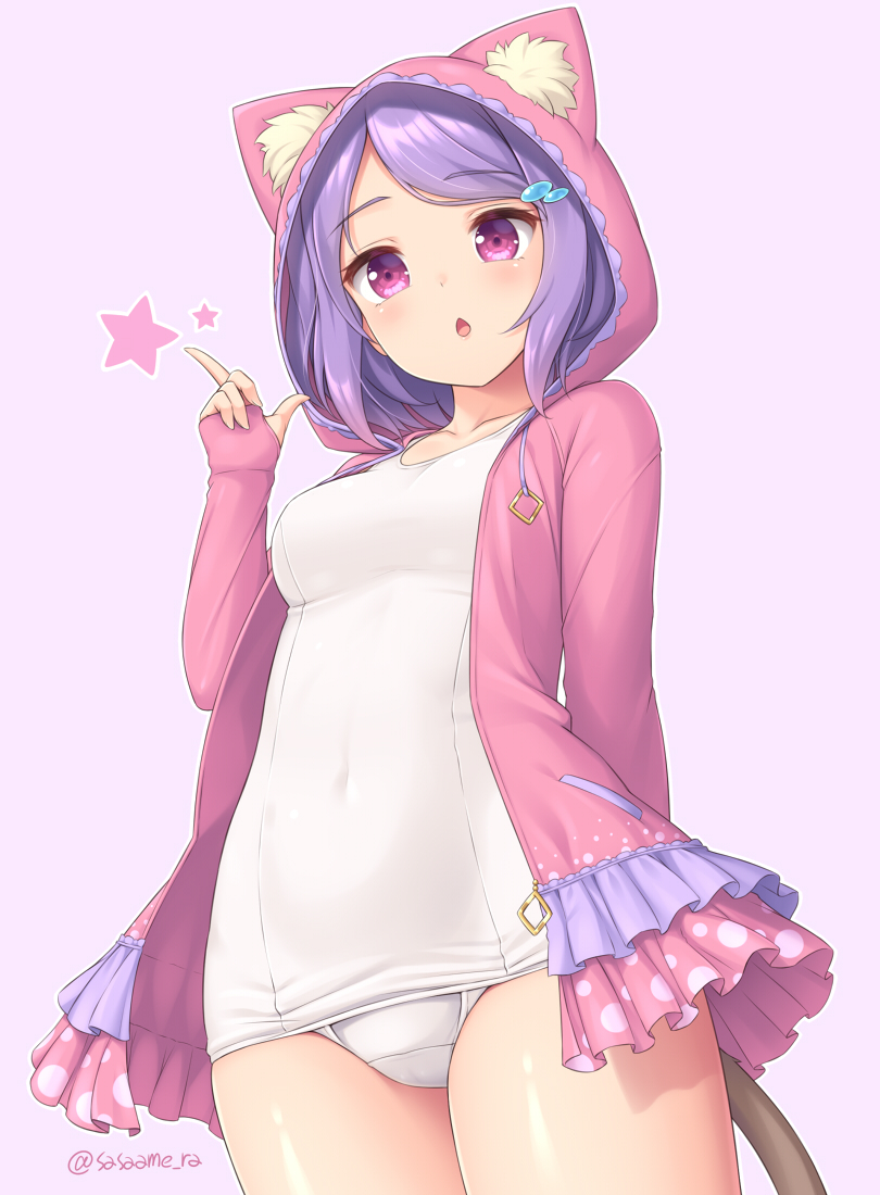 1girl animal_ears blush cat_ears covered_navel cowboy_shot hair_ornament hairclip hand_up hood hood_up hooded_jacket jacket long_sleeves looking_at_viewer medium_hair original outline parted_lips pink_background pink_eyes pink_jacket purple_hair sasaame solo standing star_(symbol) swimsuit tail twitter_username violet_eyes white_outline white_swimsuit