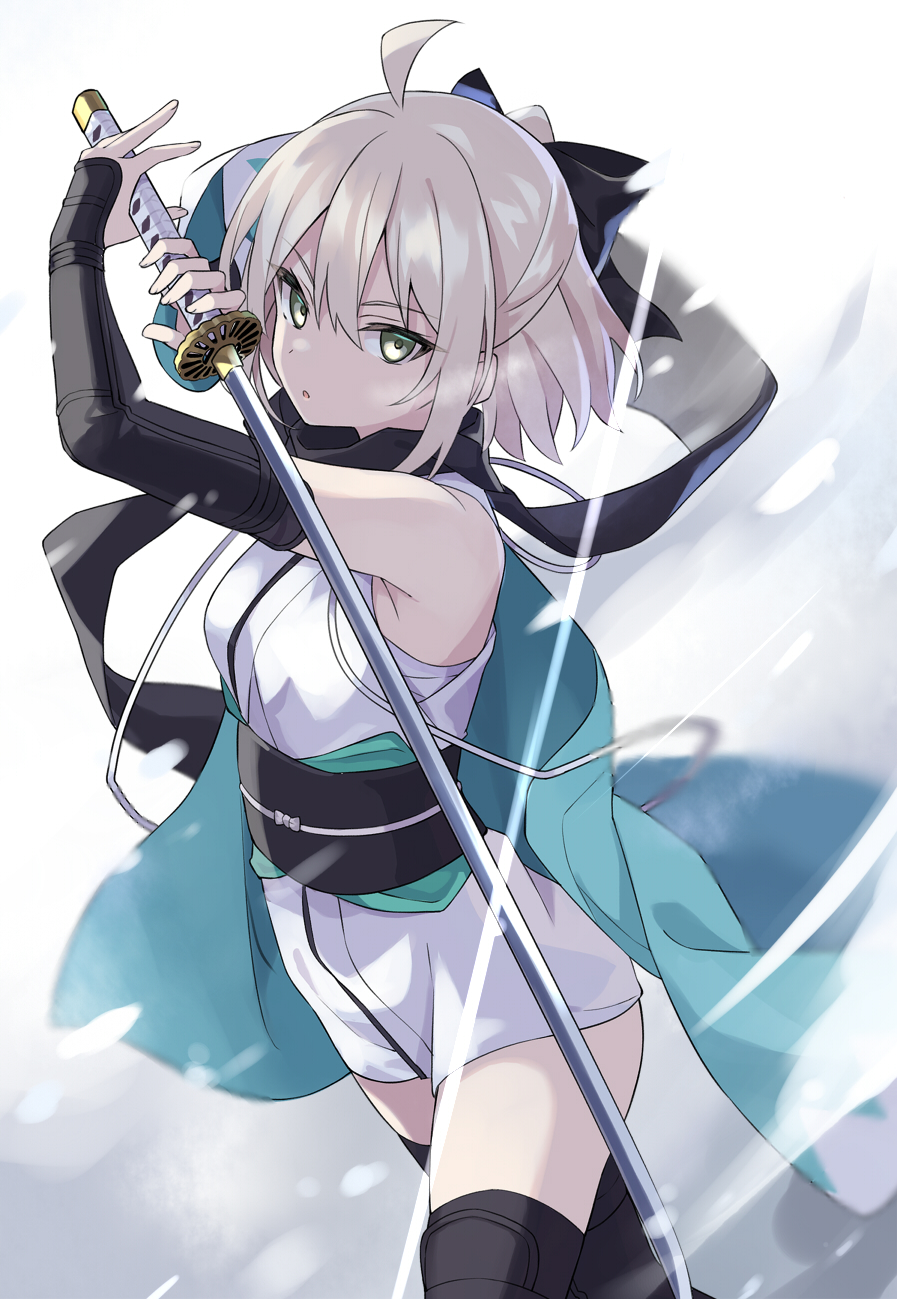 100 1girl ahoge arm_guards bangs black_bow black_legwear black_scarf blonde_hair bow breasts detached_sleeves fate/grand_order fate_(series) hair_bow half_updo haori highres japanese_clothes katana kimono koha-ace large_breasts looking_at_viewer obi off_shoulder okita_souji_(fate) okita_souji_(fate)_(all) sash scarf short_hair short_kimono sleeveless sleeveless_kimono sword thighs weapon white_kimono yellow_eyes