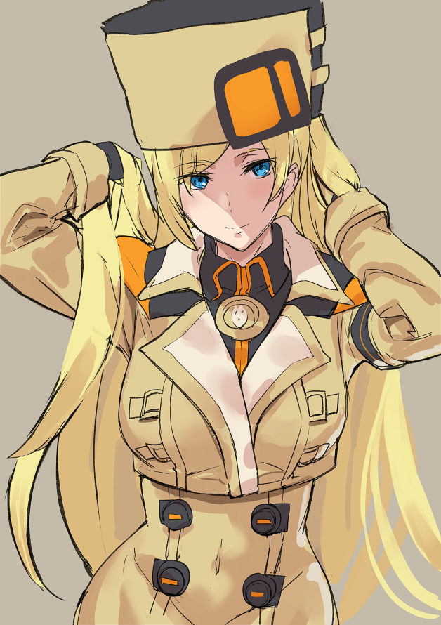 1girl ashiomi_masato blonde_hair blue_eyes breasts closed_mouth fur_hat gloves guilty_gear guilty_gear_strive hat long_hair looking_at_viewer millia_rage simple_background smile solo ushanka very_long_hair