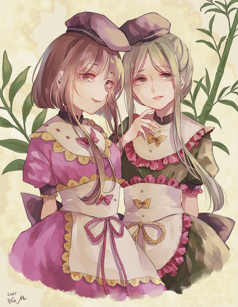 2girls apron bamboo bamboo_shoot breasts brown_eyes brown_hair dated finger_to_mouth green_eyes green_hair green_sleeves hat hidden_star_in_four_seasons looking_at_viewer m_(neteitai10) multiple_girls nishida_satono pink_ribbon pink_sleeves puffy_short_sleeves puffy_sleeves ribbon short_hair_with_long_locks short_sleeves signature small_breasts smile tate_eboshi teireida_mai touhou white_apron yellow_ribbon