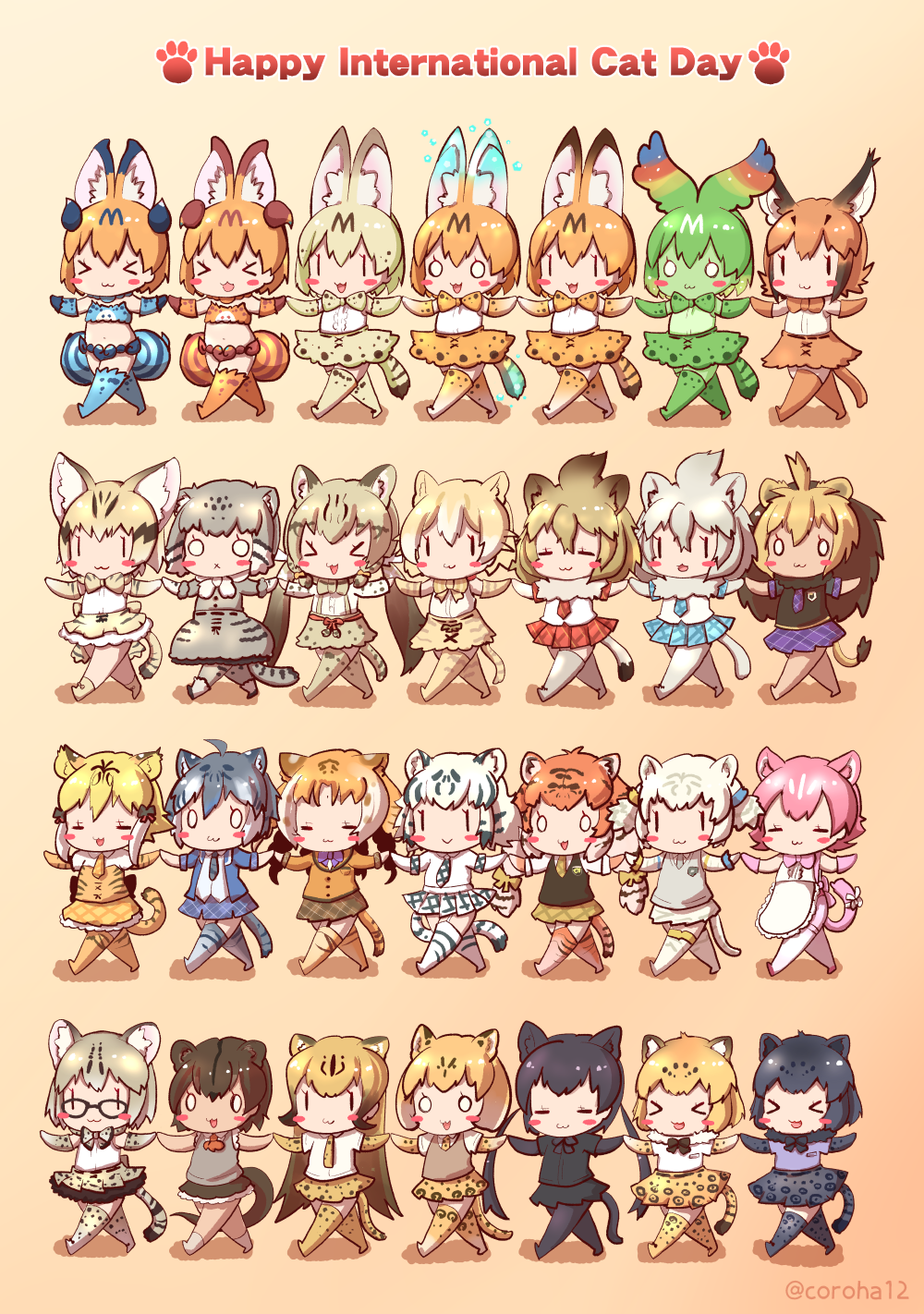 &gt;_&lt; 0_0 6+girls :&lt; :3 :d ahoge animal_ears apron barbary_lion_(kemono_friends) black_hair black_jaguar_(kemono_friends) black_legwear black_leopard_(kemono_friends) blonde_hair blush_stickers bow bowtie breasts brown_hair byakko_(kemono_friends) caracal_(kemono_friends) cat_(kemono_friends) cat_ears cat_girl cat_tail cellval cheetah_(kemono_friends) cheetah_ears cheetah_print cheetah_tail chibi closed_mouth coroha elbow_gloves english_text extra_ears fossa_(kemono_friends) full_body fur_collar garter_straps geoffroy's_cat_(kemono_friends) glasses gloves golden_tabby_tiger_(kemono_friends) grey_hair hair_bow high-waist_skirt highres jaguar_(kemono_friends) jaguar_ears jaguar_print jaguar_tail kemono_friends leopard_(kemono_friends) lion_(kemono_friends) lion_ears lion_girl lion_tail long_hair maltese_tiger_(kemono_friends) margay_(kemono_friends) medium_breasts multicolored_hair multiple_girls necktie o_o open_mouth orange_hair outstretched_arms pallas's_cat_(kemono_friends) pantyhose peach_panther_(kemono_friends) plaid plaid_neckwear plaid_skirt plaid_sleeves plaid_trim print_bow print_gloves print_legwear print_neckwear print_skirt sand_cat_(kemono_friends) shirt shiserval_lefty shiserval_right short_sleeves siberian_tiger_(kemono_friends) side-by-side skirt sleeveless sleeveless_shirt smile smilodon_(kemono_friends) spread_arms sweater_vest tail thigh-highs tiger_ears tiger_tail twintails twitter_username two-tone_hair waist_apron walking white_hair white_lion_(kemono_friends) white_serval_(kemono_friends) white_tiger_(kemono_friends) xd zettai_ryouiki |_|