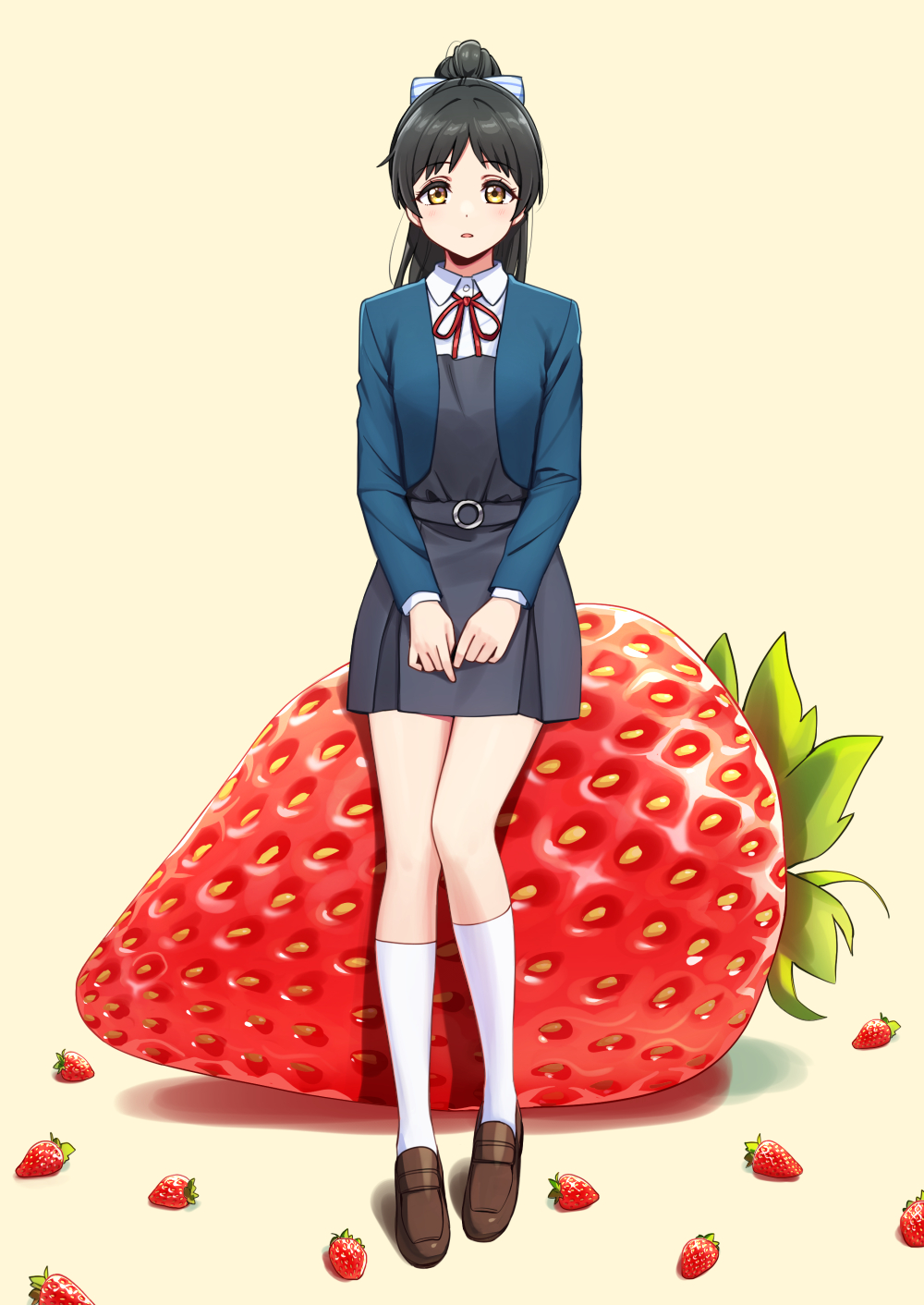 1girl belt_buckle black_hair bow buckle cropped_jacket deadnooodles food fruit hair_bow hazuki_ren high_ponytail highres love_live! love_live!_superstar!! oversized_food red_neckwear red_ribbon ribbon school_uniform shoes simple_background sitting_on_food solo strawberry white_legwear yellow_background yellow_eyes yuigaoka_school_uniform
