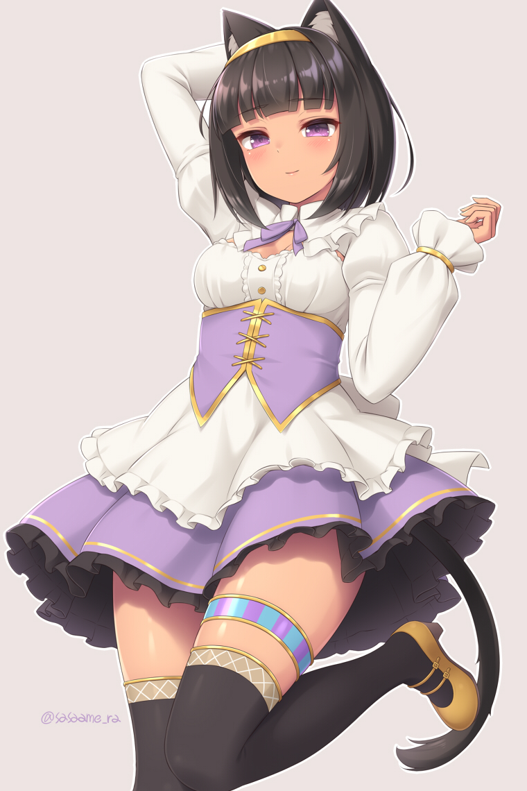 1girl animal_ears black_legwear blush cat_ears cat_tail closed_mouth dark-skinned_female dark_skin grey_background hairband hand_up juliet_sleeves long_sleeves looking_at_viewer medium_hair miniskirt neck_ribbon original puffy_sleeves purple_neckwear purple_ribbon purple_skirt ribbon sasaame shirt shoes simple_background skirt smile solo standing standing_on_one_leg tail thigh-highs thigh_strap twitter_username violet_eyes white_shirt yellow_footwear