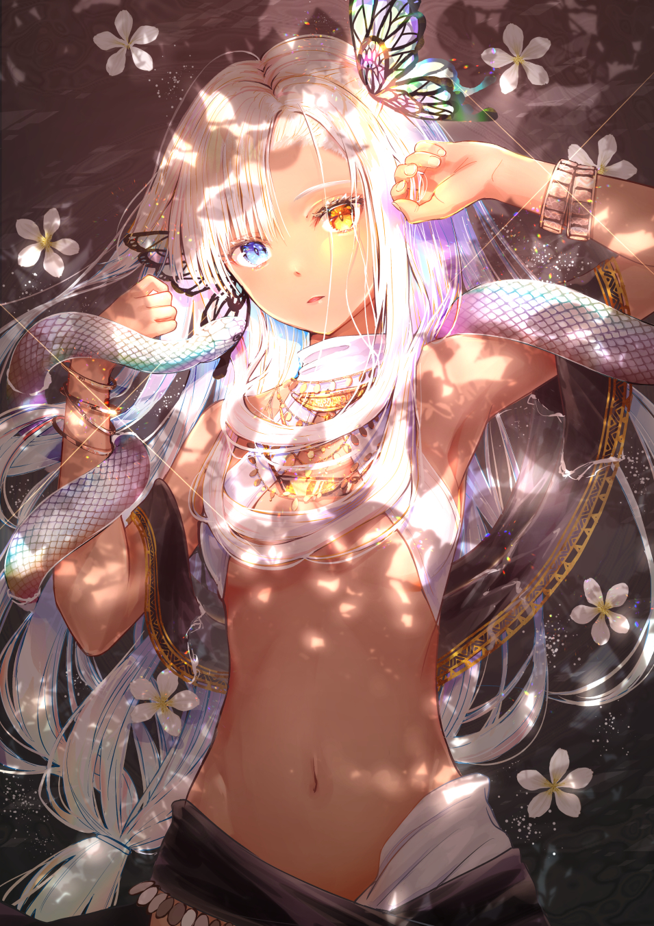 1girl akasaka_asa arm_up armpits bare_shoulders blue_eyes bug butterfly capelet flower halter_top halterneck hand_up heterochromia highres insect long_hair looking_at_viewer midriff navel orange_eyes original parted_lips revealing_clothes snake solo stomach tree_shade upper_body white_flower white_hair