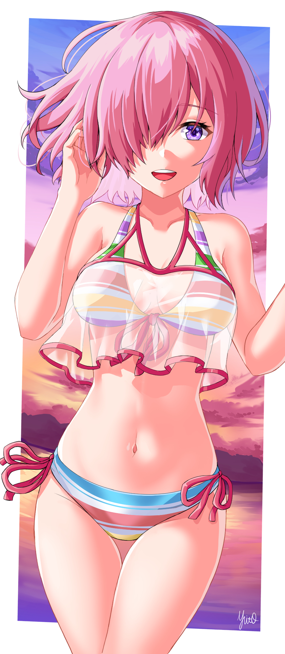 1girl artist_name bangs bikini clouds cloudy_sky commentary cowboy_shot crop_top fate/grand_order fate_(series) hair_over_one_eye halterneck hand_in_hair highres horizon looking_at_viewer mash_kyrielight multicolored multicolored_stripes navel ocean open_mouth outside_border pink_hair see-through short_hair side-tie_bikini signature sky smile solo standing striped striped_bikini swimsuit swimsuit_of_perpetual_summer_ver.02 thigh_gap twilight violet_eyes yuito_(yuitokobunasbs0)