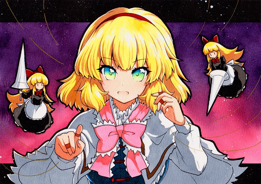1girl alice_margatroid ascot blonde_hair blue_dress capelet doll dress frilled_ascot frills hairband lolita_hairband puffy_short_sleeves puffy_sleeves qqqrinkappp red_hairband red_neckwear short_hair short_sleeves solo touhou traditional_media