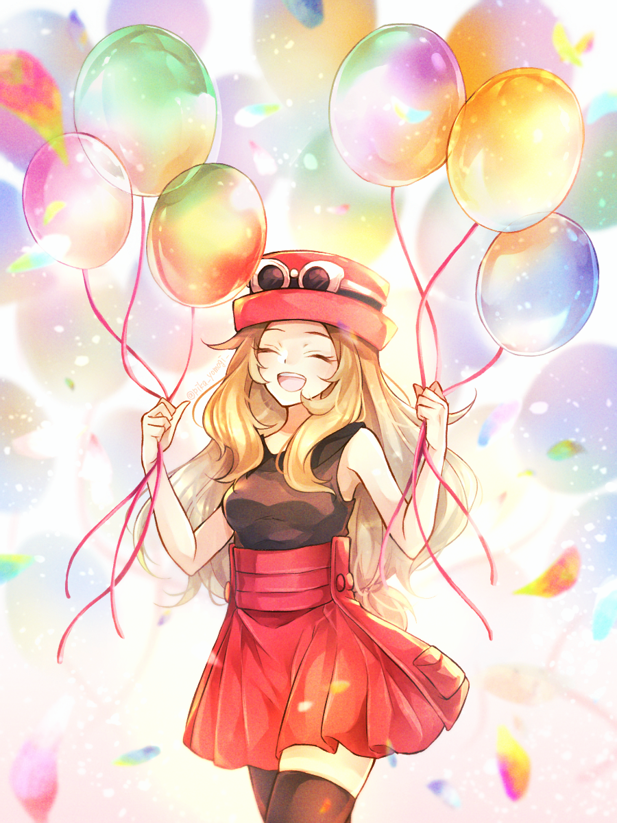 1girl :d balloon bare_arms blonde_hair blurry blush brown_legwear brown_shirt closed_eyes commentary eyelashes eyewear_on_headwear hands_up hat high-waist_skirt highres holding holding_string long_hair open_mouth pokemon pokemon_(game) pokemon_xy red_skirt serena_(pokemon) shirt skirt sleeveless sleeveless_shirt smile solo sunglasses thigh-highs tongue upper_teeth yomogi_(black-elf)