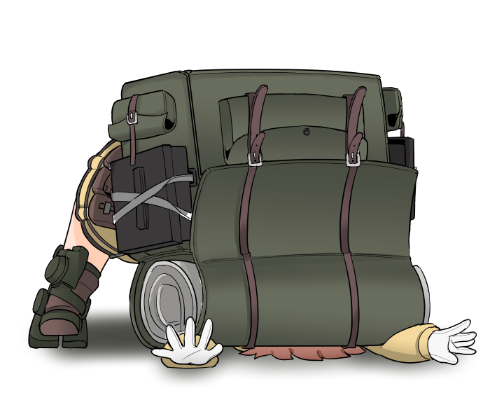 1girl ammunition_box backpack bag brown_hair buckle chibi cjrb1228 exoskeleton gloves head_on_ground hood hoodie jack-o'_challenge last_origin outstretched_arms shadow silky_(last_origin) simple_background solo top-down_bottom-up white_background white_gloves yellow_hoodie