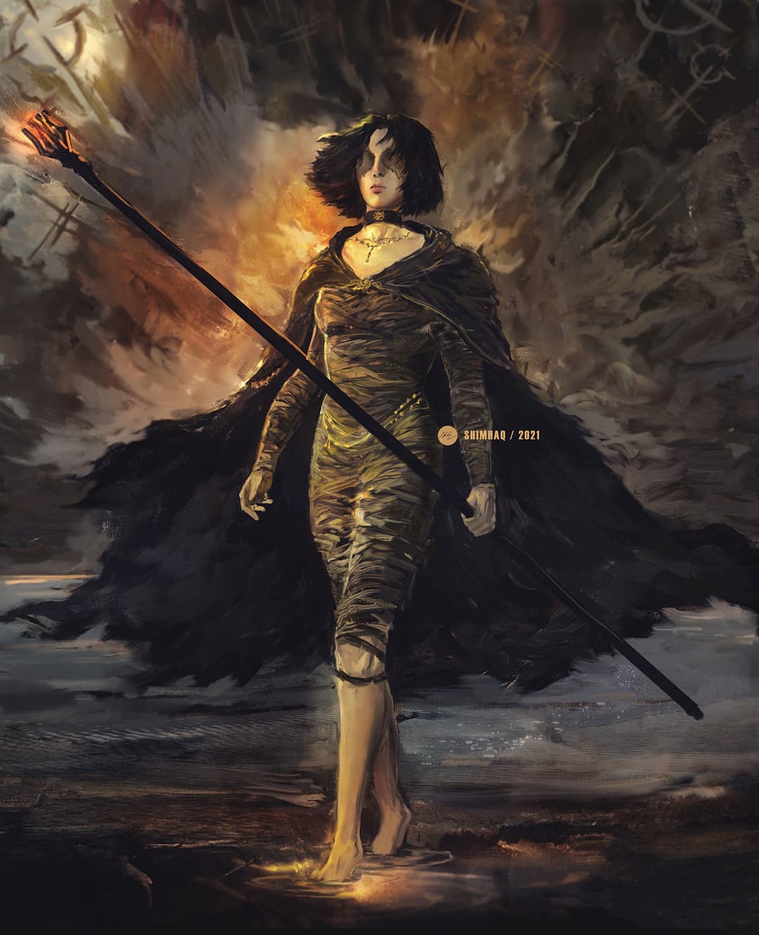 1girl bandages barefoot black_cape black_choker black_hair bob_cut cape choker closed_mouth covered_eyes demon's_souls facing_viewer highres holding holding_staff jewelry maiden_in_black medium_hair necklace shimhaq solo staff standing walking