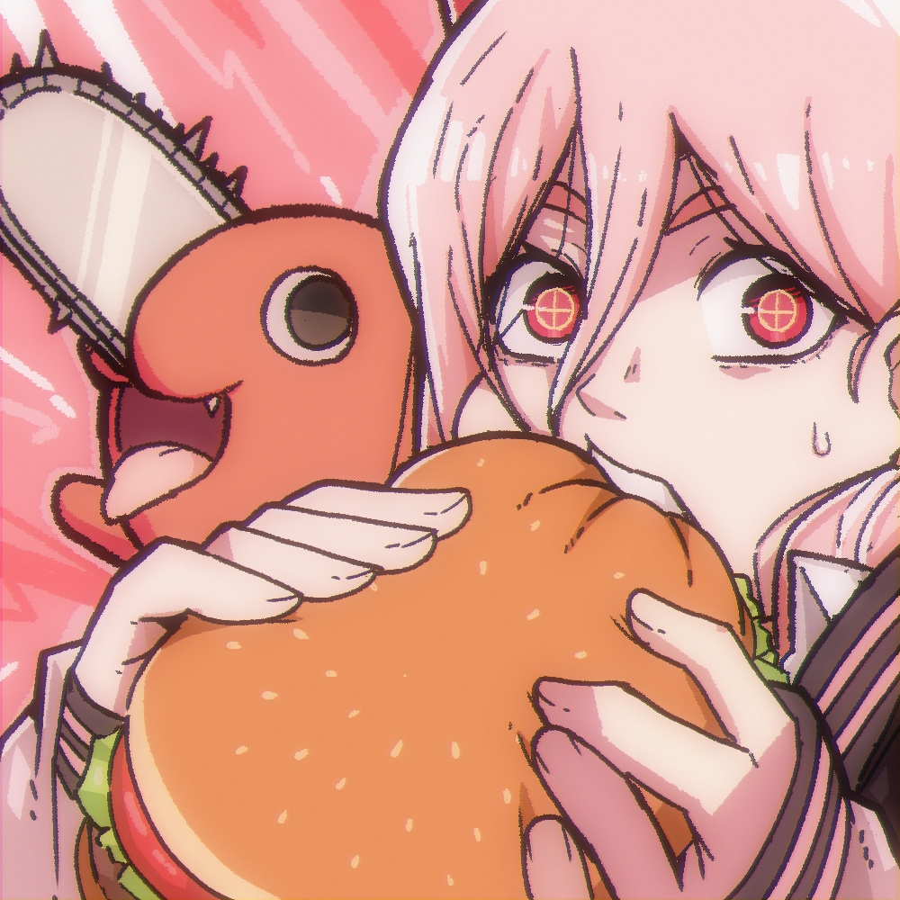 +_+ 1girl burger chainsaw chainsaw_man crosshair_pupils demon demon_girl demon_horns fang food food_in_mouth horns jacket lettuce long_hair looking_at_viewer mark_gavatino open_mouth pink_background pink_hair pochita_(chainsaw_man) power_(chainsaw_man) red_eyes red_horns sleeves_past_wrists startled sweatdrop teeth tomato tongue tongue_out