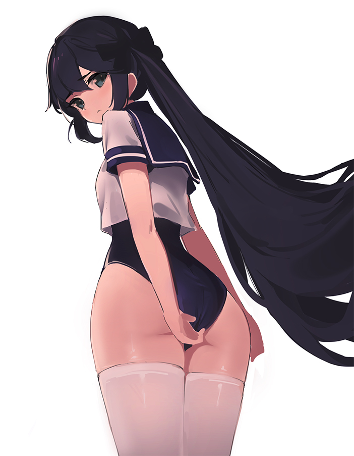 1girl ass black_hair black_swimsuit blue_eyes bow breasts closed_mouth commentary cowboy_shot crop_top crop_top_overhang from_behind genshin_impact hair_bow long_hair looking_at_viewer looking_back mona_(genshin_impact) no_hat no_headwear one-piece_swimsuit ponytail prpr_friends sailor_collar sailor_shirt shirt short_sleeves simple_background small_breasts solo swimsuit thigh-highs thighs very_long_hair white_background white_legwear white_shirt