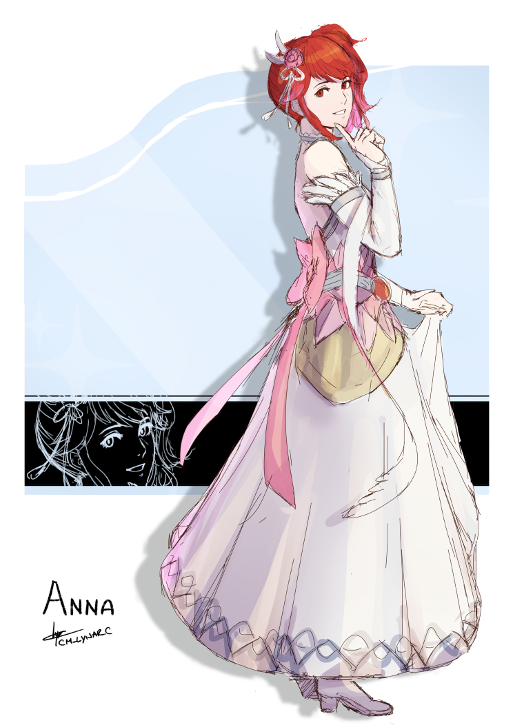 1girl alternate_costume anna_(fire_emblem) artist_name backless_dress backless_outfit bare_shoulders bow bride bride_(fire_emblem) character_name choker cm_lynarc commentary detached_sleeves dress english_commentary feather_trim fire_emblem fire_emblem_heroes flower full_body hair_flower hair_ornament high_heels index_finger_raised long_dress looking_at_viewer official_alternate_costume pink_bow pink_flower ponytail red_eyes redhead short_hair side_ponytail sidelocks signature skirt_hold sleeveless sleeveless_dress smile solo strapless strapless_dress teeth wedding_dress white_dress white_footwear white_sleeves