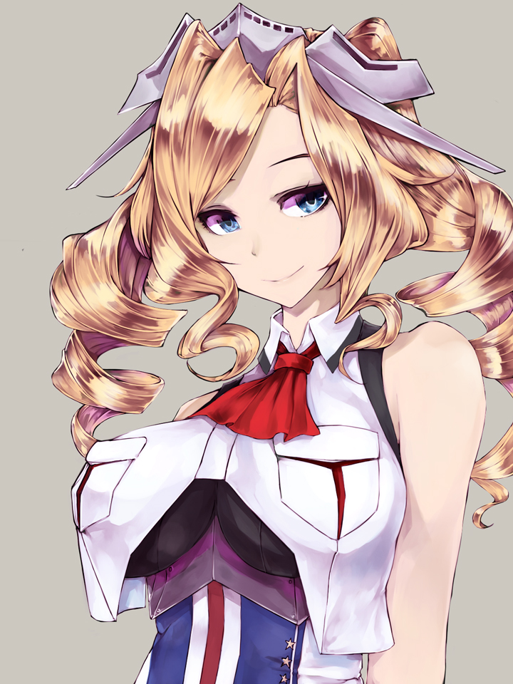 1girl ascot blonde_hair blue_eyes breast_pocket breasts commentary dress drill_hair grey_background headgear honolulu_(kancolle) kantai_collection kurou_(bcrow) large_breasts long_hair pocket red_neckwear sidelocks simple_background sleeveless sleeveless_dress smile solo twintails upper_body