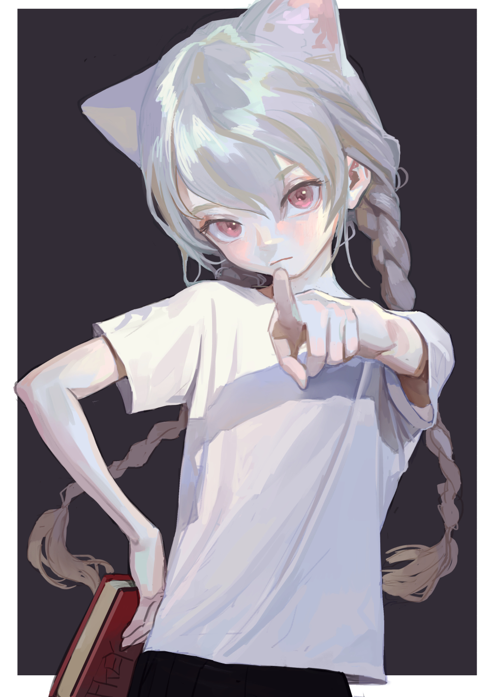 1girl animal_ears artist_name black_skirt book border braid cat_ears feiqizi_(fkey) fkey highres holding holding_book long_hair looking_at_viewer original pink_hair pointing pointing_at_viewer shirt silver_hair simple_background skirt solo t-shirt twin_braids upper_body white_border white_shirt