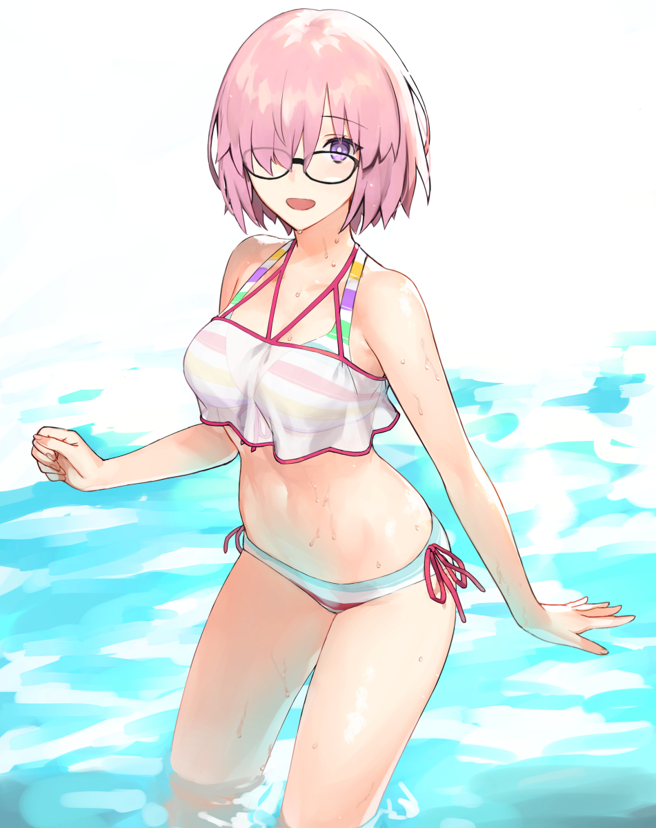 1girl alternate_costume bikini black-framed_eyewear breasts collarbone commentary_request fate/grand_order fate_(series) ginka_sima glasses hair_over_one_eye highres in_water light_purple_hair looking_at_viewer mash_kyrielight medium_breasts multicolored multicolored_bikini multicolored_clothes multicolored_swimsuit navel official_alternate_costume one_eye_covered open_mouth see-through short_hair smile solo striped striped_bikini swimsuit swimsuit_of_perpetual_summer_ver.02 violet_eyes water wet