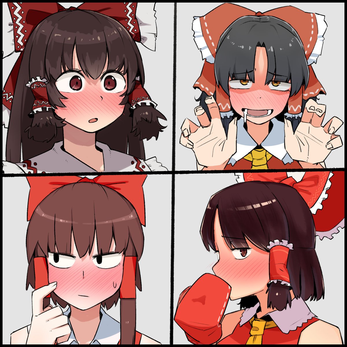 4girls archived_source bangs benikurage_(cookie) black_hair blush bow brown_eyes brown_hair closed_mouth commentary_request cookie_(touhou) drooling embarrassed eyebrows_visible_through_hair frilled_bow frilled_hair_tubes frilled_shirt_collar frills grey_background hair_bow hair_tubes hakurei_reimu hands_up highres kanna_(cookie) long_hair looking_at_viewer looking_to_the_side medium_hair multiple_girls necktie nose_blush ohasi open_mouth parted_bangs red_bow red_mittens red_shirt reu_(cookie) sananana_(cookie) shirt short_hair short_hair_with_long_locks simple_background sleeveless sleeveless_shirt smile touhou upper_body yellow_eyes yellow_necktie