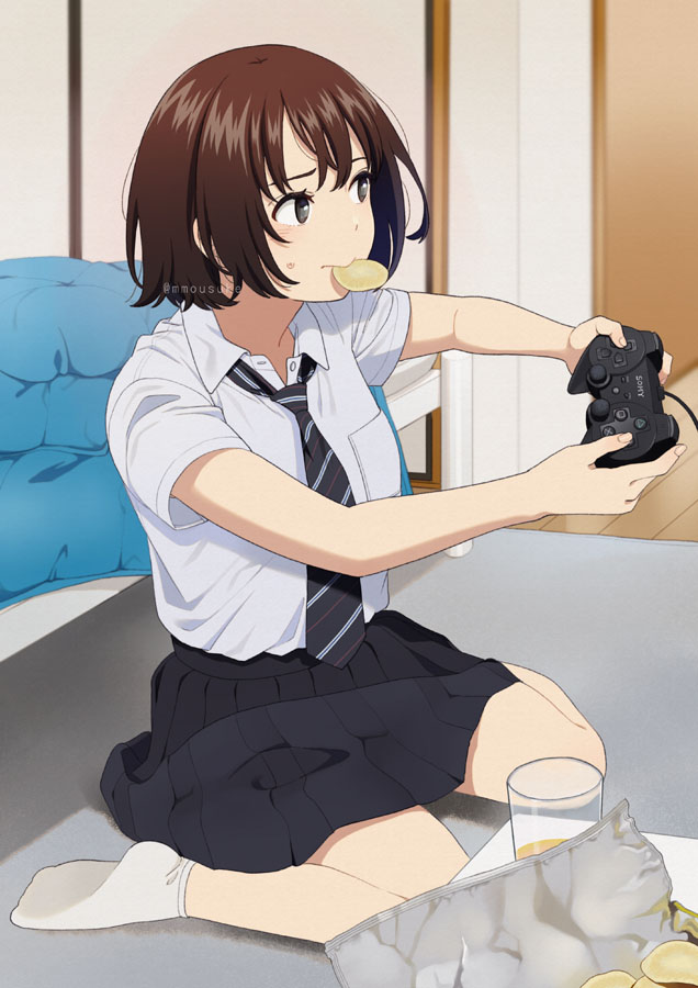 1girl artist_name brown_hair chips controller food food_in_mouth game_controller indoors mattaku_mousuke mouth_hold necktie playing_games potato_chips school_uniform short_hair sitting solo sweatdrop wariza watermark